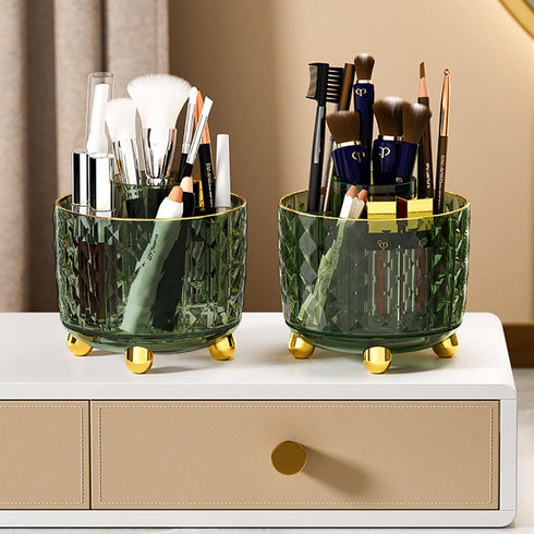 Dark Green 360° Rotating Pen Pencil Holder, Cute Desk Organizer with 6 Compartments, Green Office Supplies