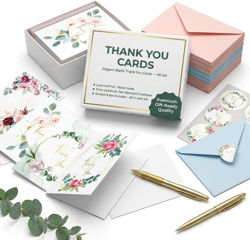 WHOLISTIC JOY Thank You Cards 48 Bulk Set with Envelopes & Stickers Eucalyptus Greenery,