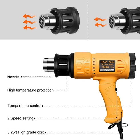 1800W 122-120250- 650Fast 4 Nozzles Paint(5.2FT) SEEKONE Heat Gun Heating Heavy Duty Hot Air Gun Kit Variable