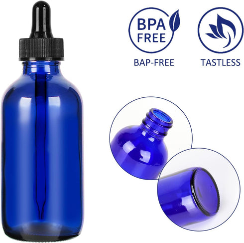 CycleMore 16 Pack (120 ml) 4 oz Blue Glass Boston Bottles with Glass Eye Droppers, Ideal for Essential Oils & Lab