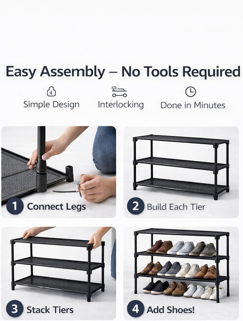 Generic 3-Tier Closet, Stackable Shoe Rack Organizer with Handle & Cleaning Brush, Adjustable Metal Shoe Shelf