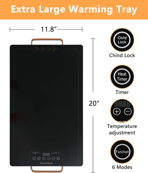 Heromind 20" 12", Electric Warming Tray x Glass-Top Full-Surface Food Warmer with Adjustable Temperature & Timer