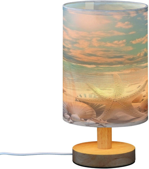Starfish Summer Beach Bedside Table Lamp for Bedroom Nightstand, Small Eye Care LED Desk Reading Lamp USB Port Wood Base Round Flaxen Fabric Shade for for Kids Room Living Room Office Desk by YEGAME