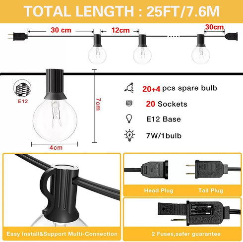 25FT G40 20 Bulbs(4 Spare),5W E12 Globe Patio Lights with Edison Glass Base Warm Yellow Outdoor String