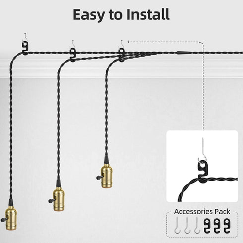1-to-3 E26/E27 Vintage Plug-in Pendant Light Kit with Hanging Sockets, Industrial Hanging Light with Individual Rotary