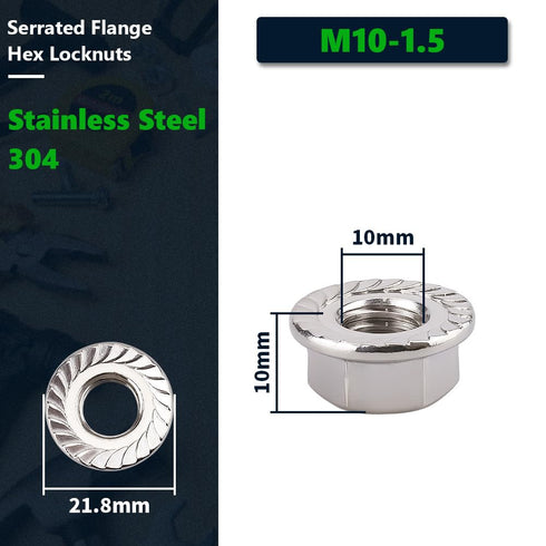 10-Pack M10-1.5mm Stainless Steel Serrated Flange Hex Nuts, Bright Finish, Anti-Rust Industrial Fasteners