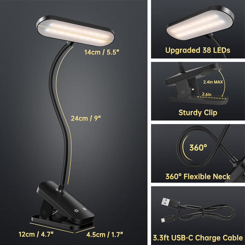 Clip on Desk Lamp, Battery Powered Reading Light with Strong Clamp, 5 Colors & Brightness, USB Rechargeable for Home