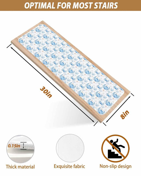 BOHOOSKYLAR 4 8"x30" Ocean Crab Stair Treads Seaweed Coral Starfish Blue Texture Indoor Non Slip Peel and Stick Stair