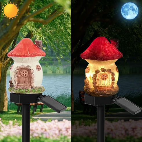 YZYOE Solar Powered Red Mushroom House Lamp, Garden Decoration Resin Cute Mushroom House Floor Lamp Wireless Dusk