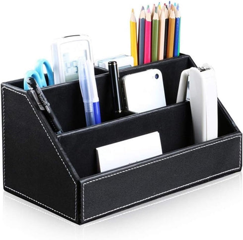 Black PU Leather Remote Controller Holder, Desk Caddy Stationery Organizer, L:9.45 x W:5.3 x H:4.3 inches
