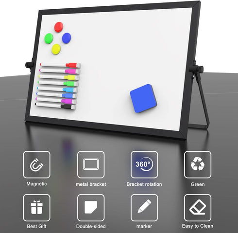 OWill Black Dry Erase White Board - 16inX12in Large Magnetic Desktop White Board with Stand, Portable Double-Sided Easel