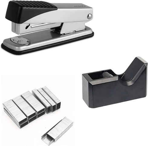 Stapler and Tape Dispenser Set, Heavy Duty Desk Dispenser, Stapler with 1000 Staples, Office School Desktop, Black