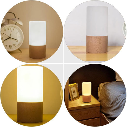 Wooden LED Night Light Table Lamp with USB Port, RGB Color Changing Bedside Lamp, Modern Japanese Beech Wood Cylinder