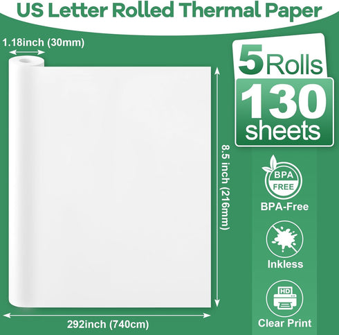 TUXIYA 5 8.5"x11" 130 Rolls Thermal Printer Paper US Letter Size, BPA free Quick-Dry Thermal Paper,Thermal Printing
