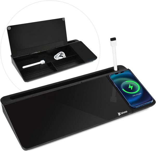 Varhomax Black Glass Desk Whiteboard with Wireless Charger, Desktop Dry Erase Board, Memo Notepad for Home Office