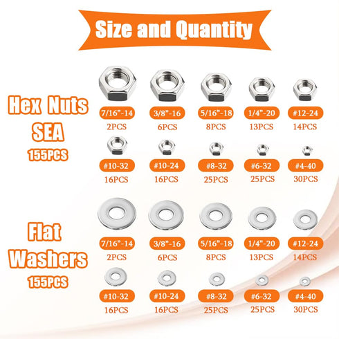 Dianrui 310PCS 10 304 Set #4-40,#6-32,#8-32,#10-24,#10-32,#12-24,1/4''-20,5/16''-18, 3/8''-16,1/2''-13 SAE Hex Nuts