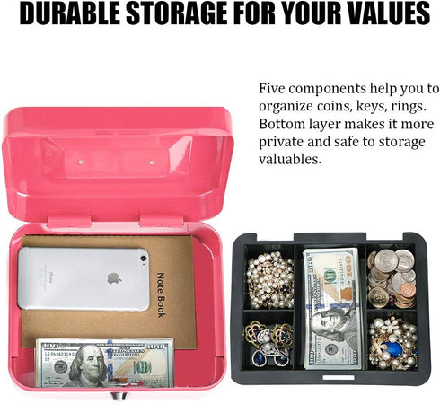 Cash Box with Money Tray, Large Money Box with Key Lock, 9.8 x 7.9 x 3.5 inches, Pink