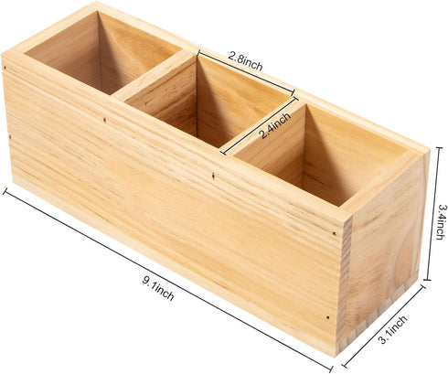 Wood Pencil Holder - Rustic 3 Compartment Desk Organizer for Home, School, and Barbershop