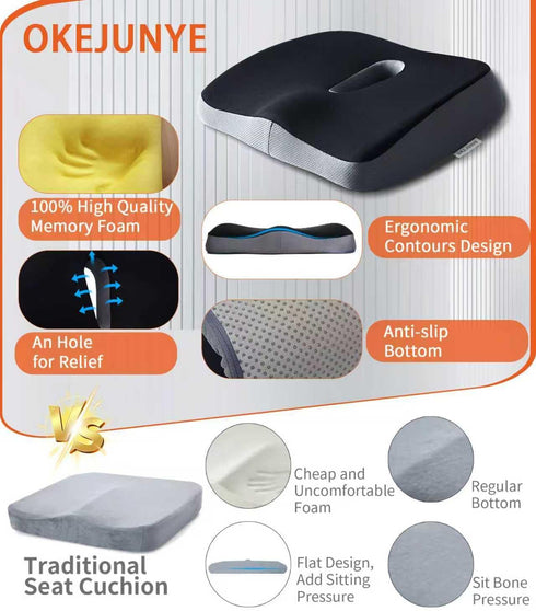 OKEJUNYE Tailbone Memory Foam Seat Cushion, Large Office Chair Cushions Chair Pad for Sciatica Coccyx Lower Back Pain