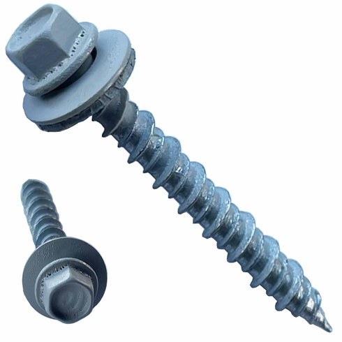 Metal Roofing Screws - #10 x 1.5” Self Tapping Hex Head with EPDM Rubber Washer, Grey (100)