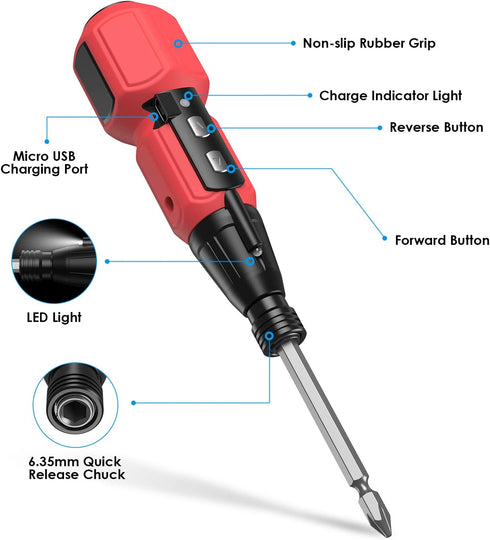 AMIR Cordless Screwdriver, Rechargeable Electric Screwdriver Sets, Portable Automatic Home Repair Tool Kit with USB Cable and LED Lights, Red by AMIR