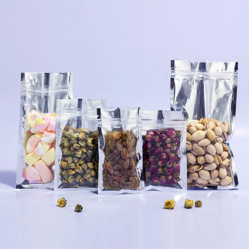 PABCK 100 Pack Clear Front Resealable Mylar Bags, 8.5x14cm, Heat Seal Aluminum Foil for Food Storage
