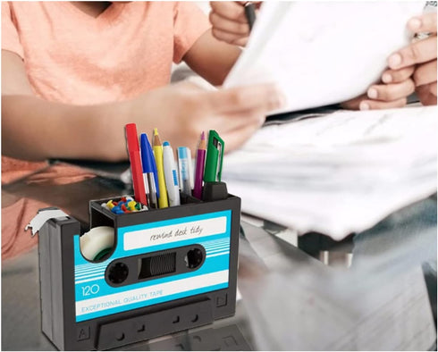 Tape Dispenser with Pen Holder - Retro Cassette Heat Tape Dispenser, Cute Roll Holder with Paperclips for Office Storage