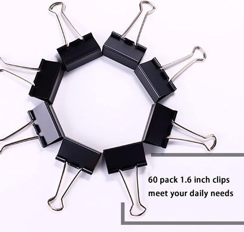 Medium Binder Clips 1.6 Inch (60 Pack), Black Large Paper Clamps for Office and Home Supplies