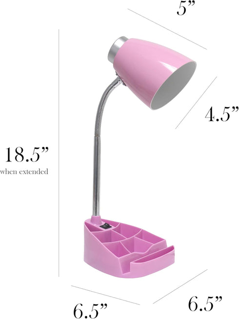 LD1067-PNK Simple Designs Compartmental Desk Lamp with iPhone/iPad/Tablet Stand, Bendable Gooseneck, for Office, Living