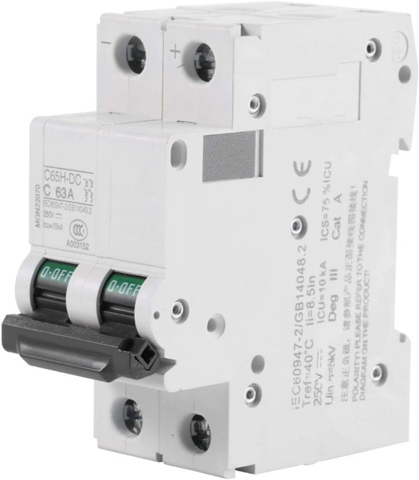 2-Pole Circuit Breaker 250V DC 2P Miniature Circuit Breaker 16A/32A/63A for Solar Panels Grid System (63A)