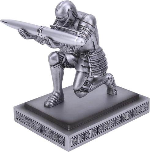 Knight Pen Holder Desk Organizers and Accessories, Resin Desk Decor with a Cool Pen Gift for Office and Home (Silver)