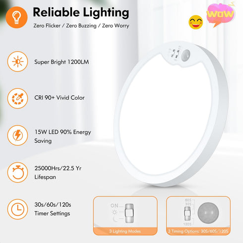2 Pack 2700K/4000K/6500K 7 Inch 15W Closet Non-Dimmable Brightever Motion Sensor Ceiling Light Wired, Small LED Flush
