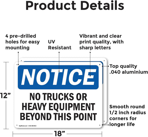 (2 Pack) OSHA Notice Sign, No Trucks Or Heavy Equipment Beyond This Point, 18 Inch X 12 Inch Aluminum