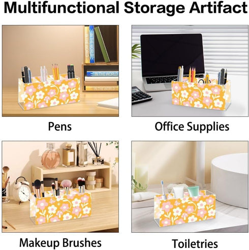 Generic 4 Cute Spring Flowers Bright Yellow Pen and Pencil Organizer Acrylic Straw Holder Markers Organizer Cat Pen