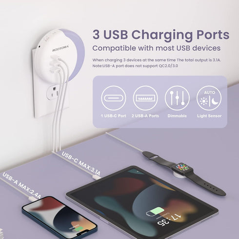 Dimmable 3 ROOTOMA Led Night Light Plug Into Wall, Night Light for Kids with USB Wall Charger Ports,Smart Dusk to Dawn