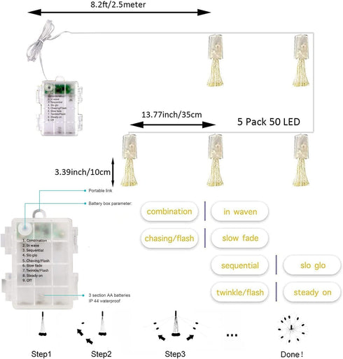 8 (5in1 50LED) keeda Mini Firework String Lights Battery Operated with Remote Control Christmas Hanging String Lights