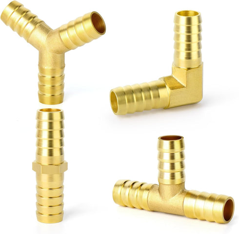GASHER 8-Piece 3/8 Inch Brass Hose Barb Set - 90 Degree Elbow, Y-Shape Connector, Multi-Purpose Fuel/AIR/Water