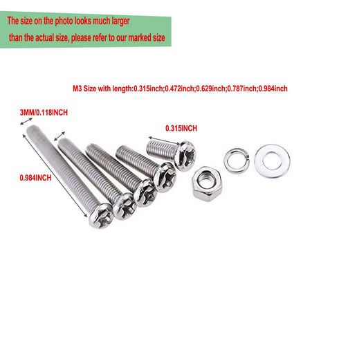 290pcs M3 Screws Assortment with Bolts, Nuts, Flat and Lock Washers, 304 Stainless Steel
