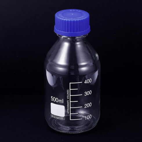 PATIKIL 500mL Round Graduated Glass Reagent Media Bottle with Blue Screw Cap for Chemistry Lab, Clear