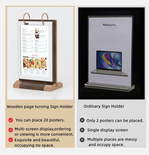 Rikyo A5 10 Pages-20 (6x8") Walnut Wood Sign Holder Vertical Table Card Flip Display Sides,T Double Sided Flyer Display