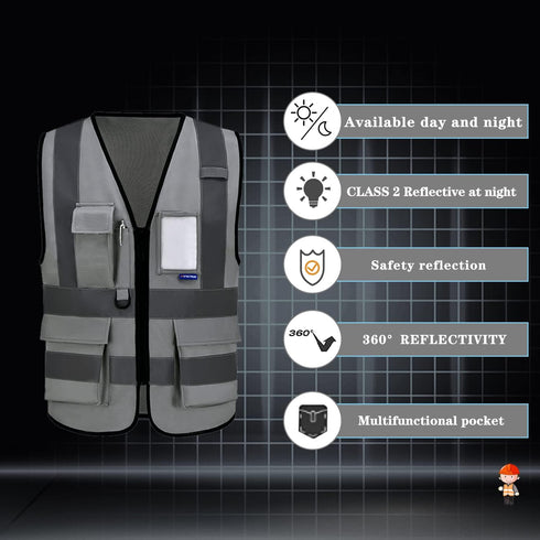 A-SAFETY Grey Security Vest with Zipper Pockets