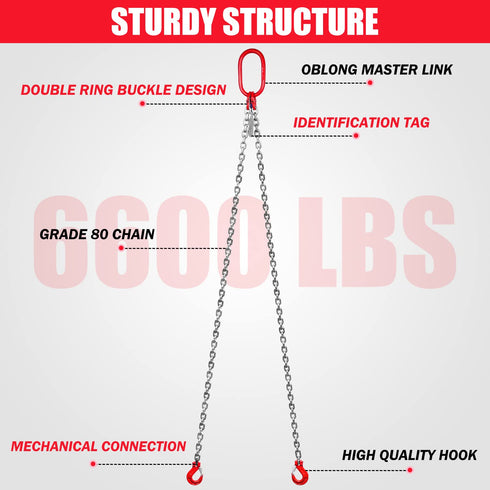 6600LBS Double Leg Chain Sling with Hooks, 5Ft 5/16" G80 Alloy Steel 2 Leg Chain Sling