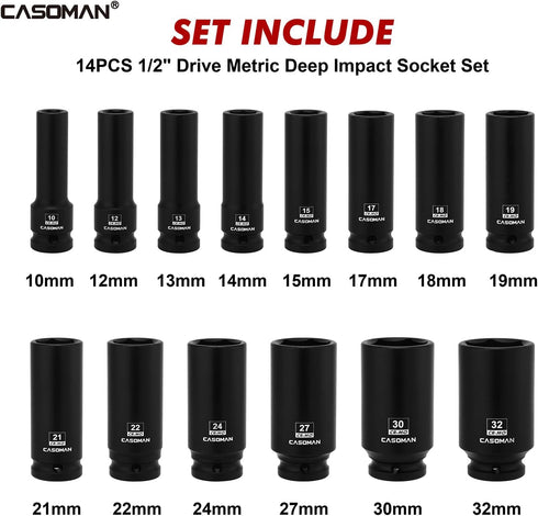 14PCS 1/2" Set, 6-Point, 10mm 32mm, CASOMAN Drive Deep Impact Socket Metric, CR-MO, to for Auto Repair, Mechanic