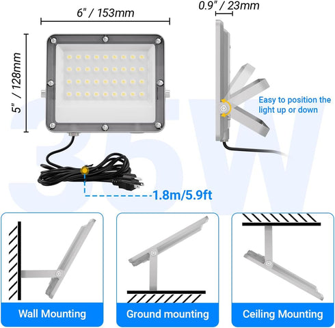 35W 3500lm 5.9FT IP66 6000K 2 Pack Ceena Plug in LED Flood Lights Outdoor, Super Bright LED Work Light with Plug