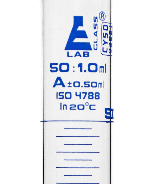 EISCO Graduated Cylinder, 50ml - Class A Tolerance ±0.50ml - Round Base - Blue Graduations - Borosilicate 3.3 Glass