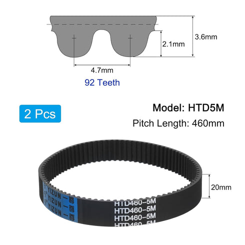 uxcell 2pcs HTD-5M Rubber Timing Belt 92 Teeth, 460mm Pitch Length x 20mm Width x 3.6mm Height, Closed Loop Pulley Timing Belt