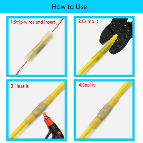 ESUPPORT 50Pack Yellow Heat Shrink Butt Wire Electrical Crimp Terminal Connector 10-12 AWG