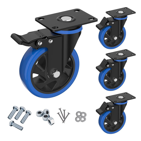 4'' Heavy Duty Caster Wheels Set of 4 with Brake, Industrial Locking Swivel Top Plate Casters for Furniture