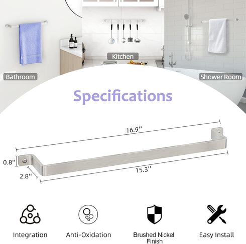 Bathroom Towel Holder Towel Bar Wall Mounted: 16'' One-Piece Rack, Hand Towel Holder for Bathroom Decor (Brushed Nickel)