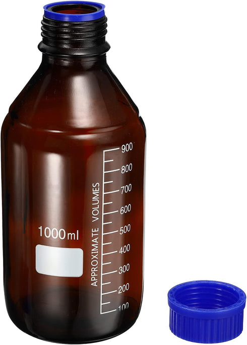 PATIKIL 1000mL Reagent Media Bottle, 1Pcs Round Graduated Glass Storage Bottle Amber with Blue Screw Cap
